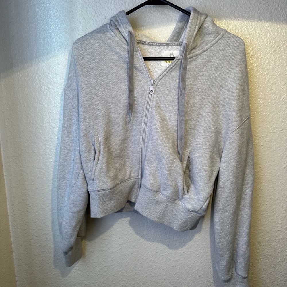aerie Light Gray Cropped Zip-Up Hoodie